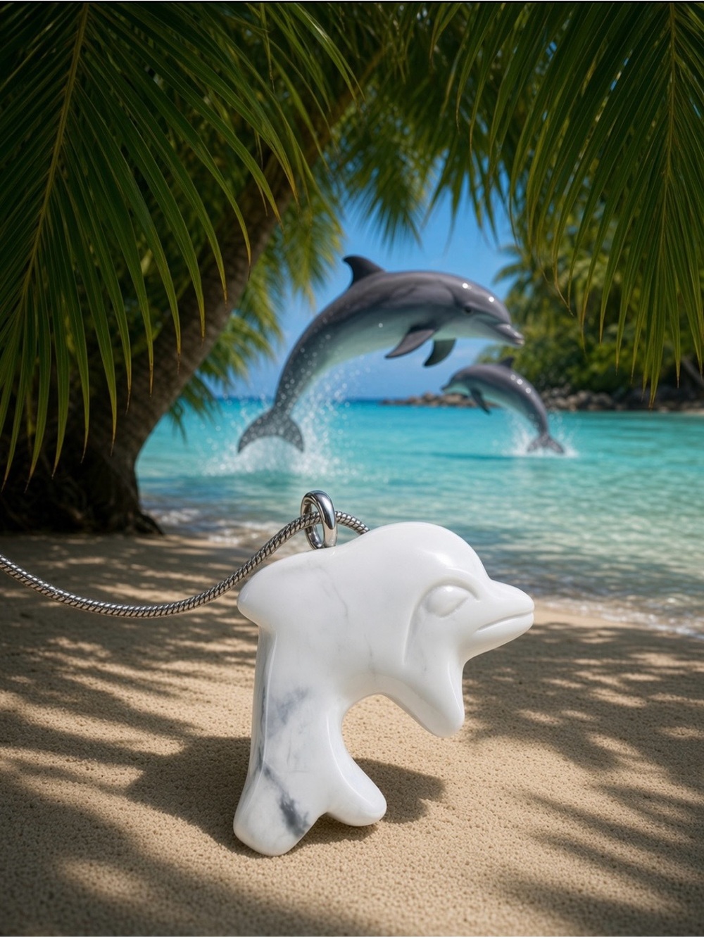 Howlite Dolphin Han-Carved Pendant Necklace Long